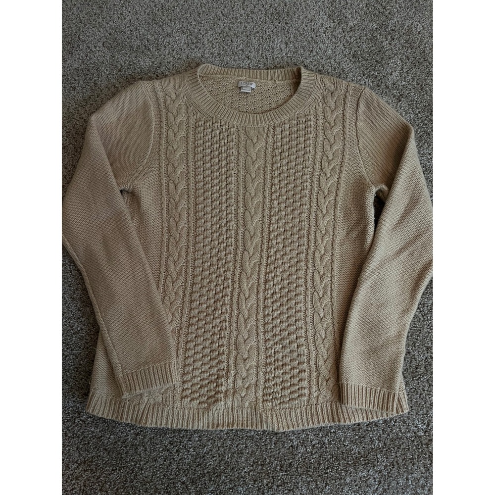 J. Crew Women's Sweater Large Tan Chunky Cable Knit Crew Neck Wool Blend Fisher